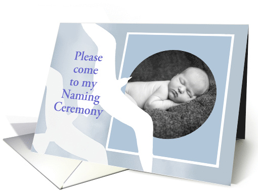 Invitation to naming ceremony, white birds, blue, photo frame card