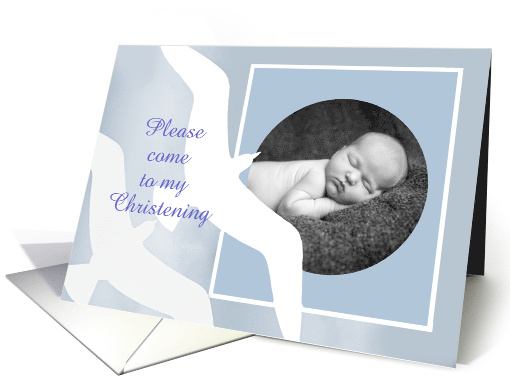 Invitation to Christening, white birds, blue, photo frame card