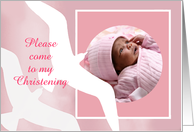 Invitation to Christening, white birds, pink, photo frame card