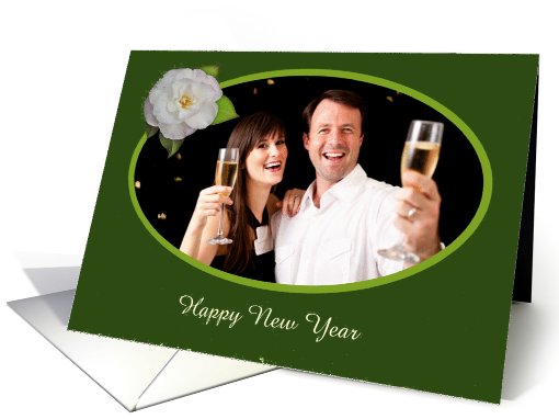 Happy New Year, white Camellia on green background.photo frame. card