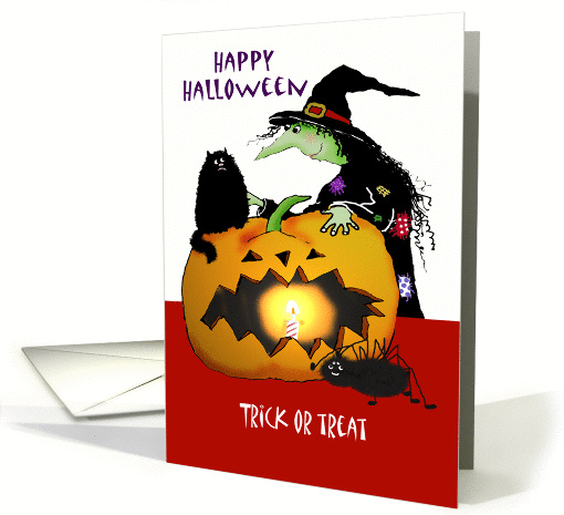 Happy Halloween, Witch with cat, spider, pumpkin,Trick or treat card