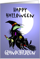 Happy Halloween , Witch with cat on broomstick, with moon.For grandchildren. card