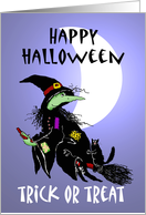 Happy Halloween trick or treat , Witch with cat on broomstick, with moon card