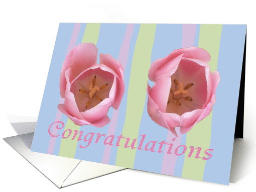 Two Pink tulips, Congratulations, new baby girl twins card (866707)