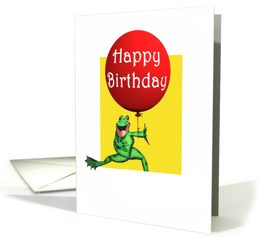 Happy Birthday, green frog and red balloon, humor card (872545)