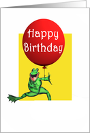 Happy Birthday, green frog and red balloon, humor card