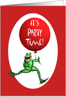 It’s party Time,For kids, green frog and red balloon,humor. card