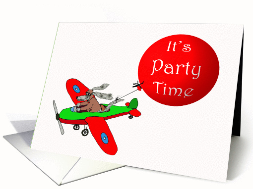 It's party Time, Invitation, Dog flying plane with balloon. card