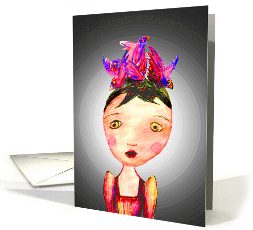 #Bird Hat, little girl, coloured pencil. card (874124)