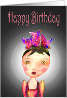 Happy Birthday for girls ,Bird Hat, little girl, coloured pencil. card