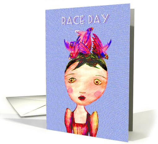 Dressed for Race day ,Bird Hat, little girl, coloured pencil. card