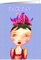 Dressed for Race day ,Bird Hat, little girl, coloured pencil. card