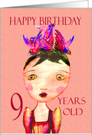 Happy Birthday, nine years old, little girl, coloured pencil. card