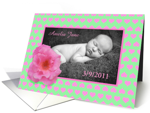 New baby, pink rose and love hearts, photo card. card (879236)