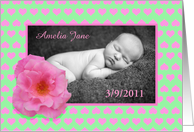 New baby, pink rose and love hearts, photo card. card