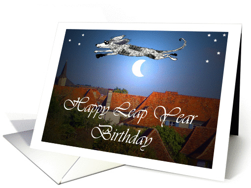 Happy leap Year birthday, shaggy dog jumping over moon. card (894785)