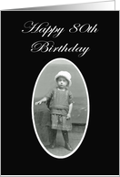 Happy 80th birthday , little child in dress and hat. vintage card