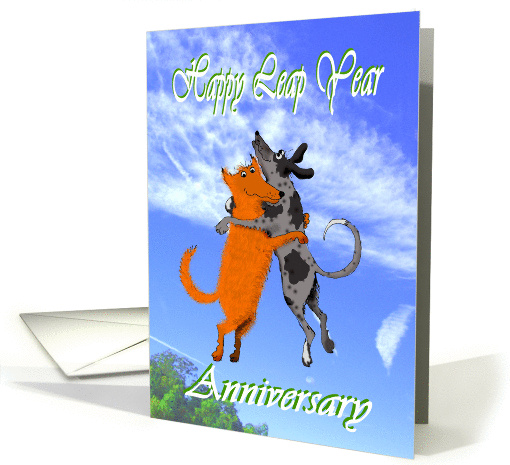 Happy Leap Year Anniversary, two dogs jumping.funny. card (895192)