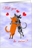 Valentine day, will you be mine, two dogs jumping, humor. card