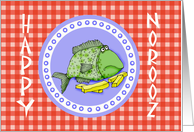 Happy Norooz, fish on plate,humor.for boss card