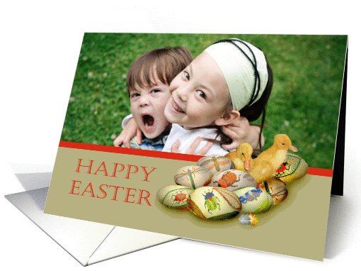 Happy Easter, ducklings and embroidered eggs with insects, photo card