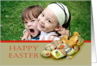 Happy Easter, ducklings and embroidered eggs with insects, photo card