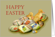 Happy Easter,ducklings and embroidered eggs, for mom, card