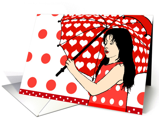 girl with umbrella.red and white, blank note card (916854)