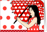 girl with umbrella.red and white, blank note card