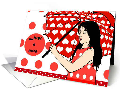 girl with umbrella.Just a note, red and white, blank note card