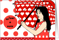 girl with umbrella.Just a note, red and white, blank note card