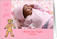 It’s a girl, teddy with ribbon, photo. card