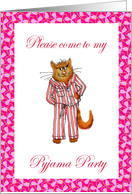 Pyjama party invitation, ginger cat in striped pajamas. UK/Australian spelling card