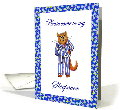 Sleepover party invitation, ginger cat in striped pajamas. card