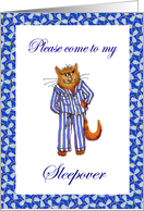 Sleepover party invitation, ginger cat in striped pajamas. card