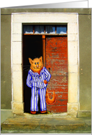 ginger cat in striped pajamas. Blank note card,doorway, humor card