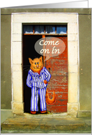 come on in, Blank note card, ginger cat in pyjamas. humor card