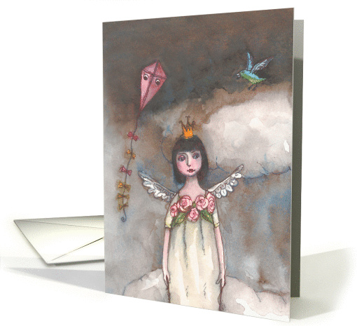 Angel in clouds with kite and bird card (957155)