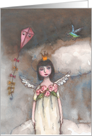 Angel in clouds with kite and bird card