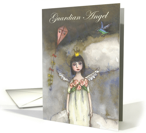 Get well soon, guardian angel in clouds, with kite and bird card