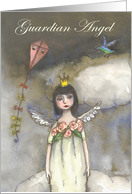 Get well soon, guardian angel in clouds, with kite and bird card