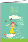 happy birthday, cute girl holding flowers card