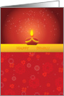 Diwaly greetings, lamp and flowers on red card