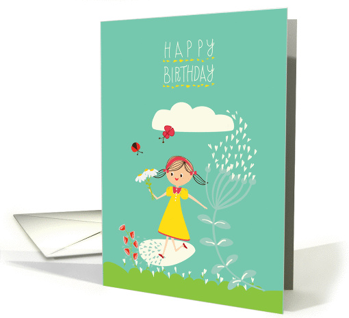 happy birthday, cute girl holding flowers card (1067505)
