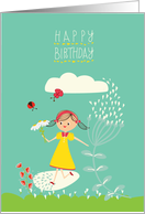 happy birthday, cute girl holding flowers card