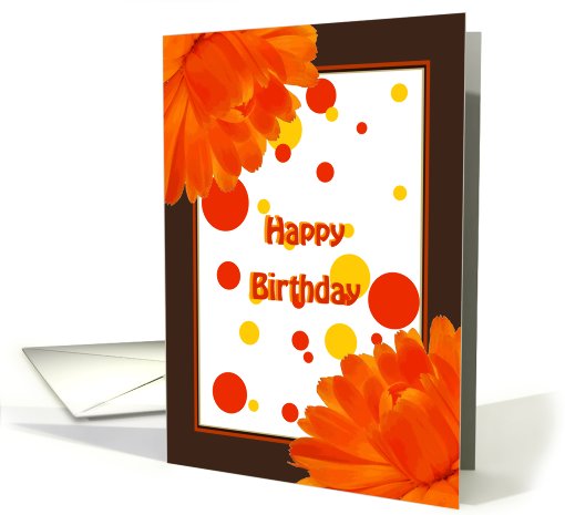 happy birthday, orange flowers, red and yellow bubbles card (644294)