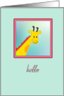 Hello, giraffe in a pink window on a blue pastel background card