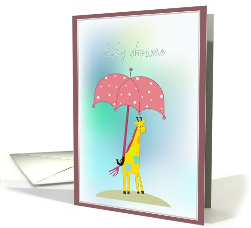 cute yellow giraffe with large pink umbrella baby shower card (654424)