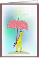 cute yellow giraffe with large pink umbrella baby shower card