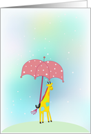 cute yellow giraffe, pink umbrella on pastel, star-studded blue background, blank note card